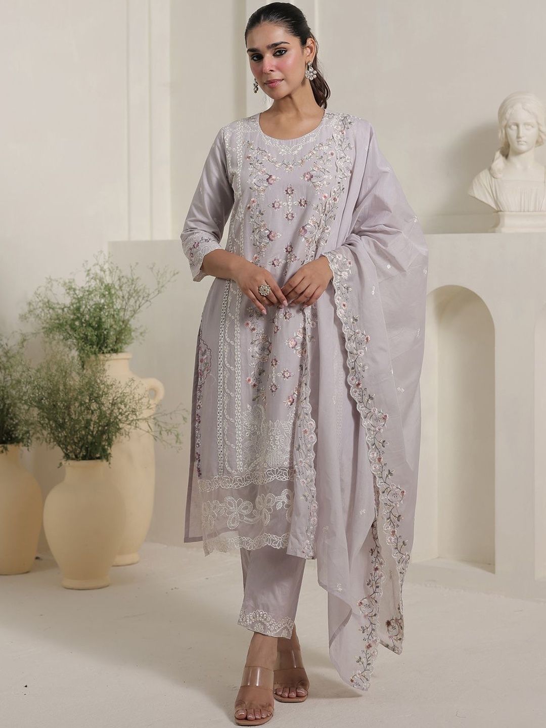 Women Floral Embroidered Cotton Kurta with Trousers & Dupatta