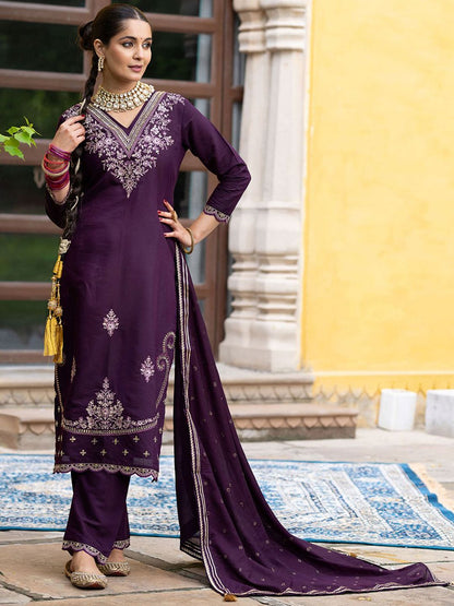 Dhiyona CH Women Ethnic Motifs Embroidered Thread Work Straight Kurta with Trousers & Dupatta