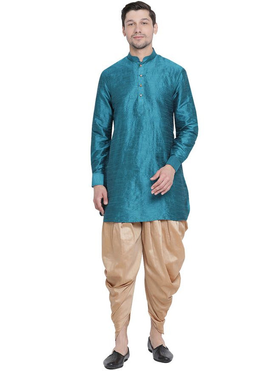 Men's Dark Green Silk Blend Pathani Kurta and Dhoti Set