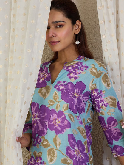 Floral Printed V-Neck Pure Cotton Straight Kurta With Trousers