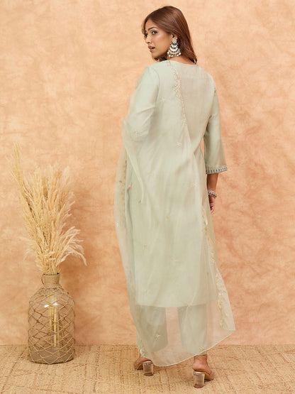 Dhiyona VA Women'sEthnic Motifs Yoke Design Thread Work Straight Kurta With Trousers & Dupatta