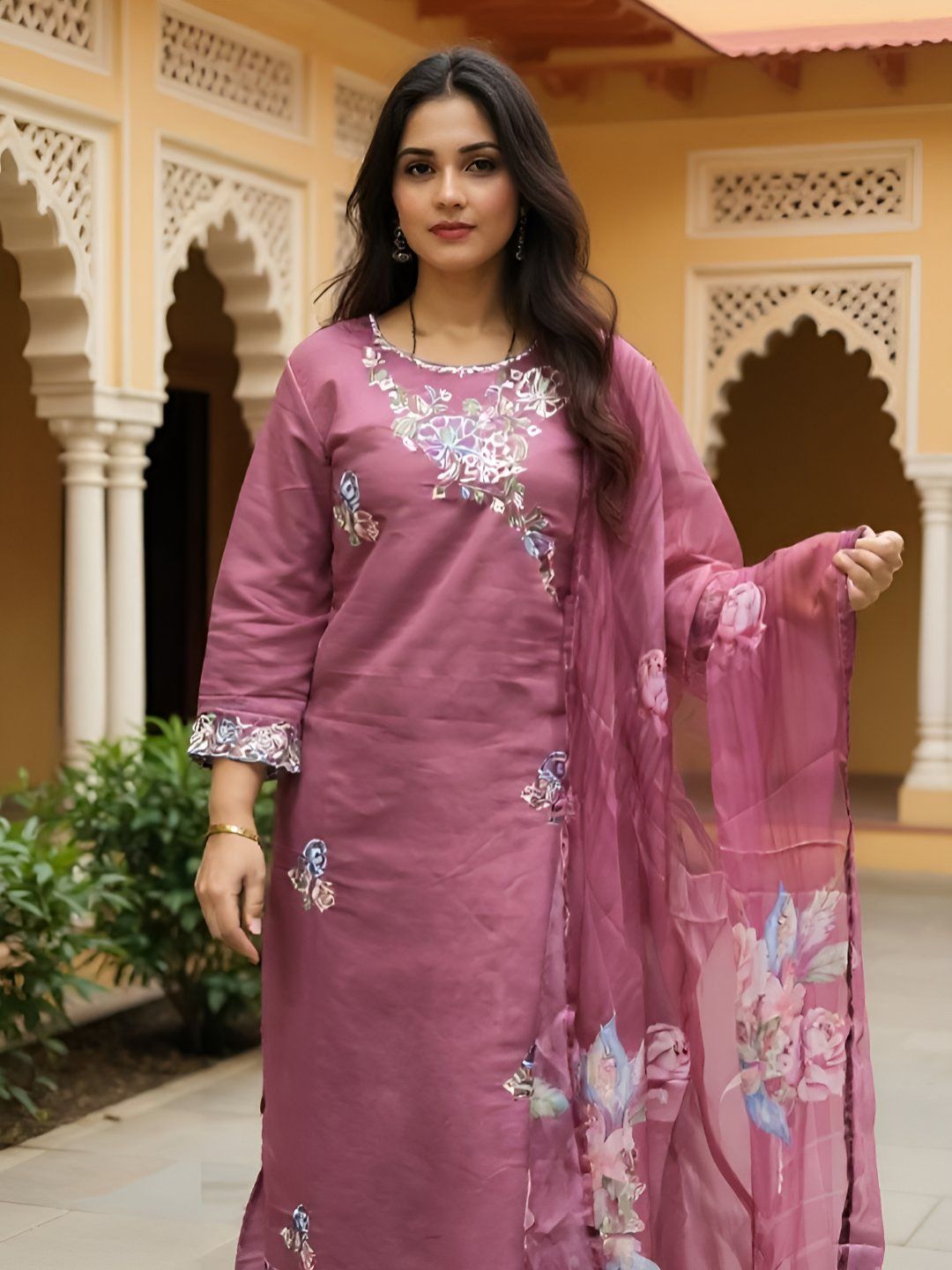 Dhiyona IE Floral Embroidered Thread Work Straight Kurta With Trousers & Dupatta