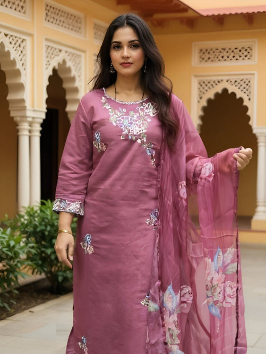 Floral Embroidered Thread Work Straight Kurta With Trousers & Dupatta