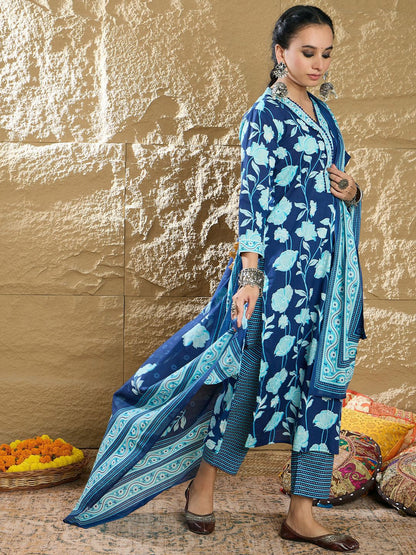 Dhiyona IE Women Floral Printed Regular Pure Cotton Kurta with Trousers & Dupatta