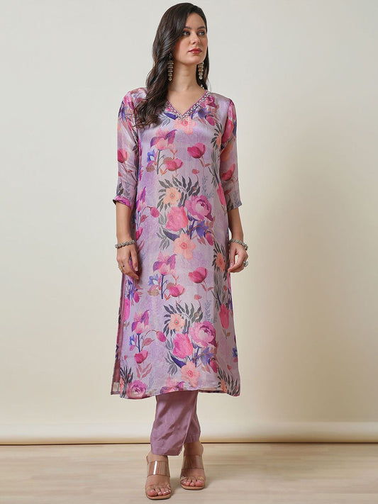 Dhiyona SO Women's Floral Printed Regular Beads and Stones Tissue Straight Kurta With Trouser