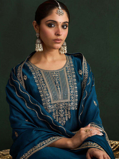 Dhiyona IE Ethnic Motifs Embroidered Straight Kurta with Trousers & With Dupatta