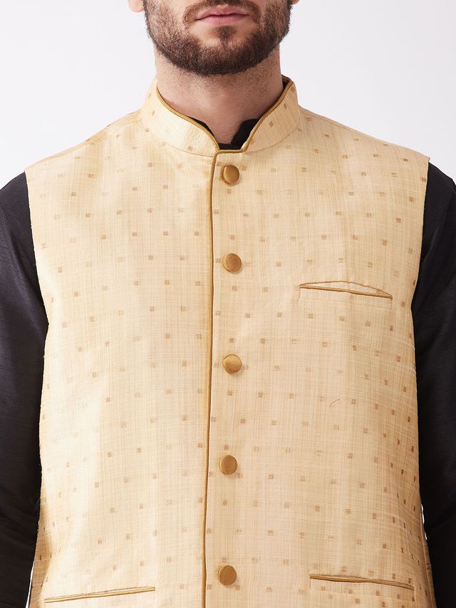 Men's Black Silk Blend Straight Jacket  Kurta and Dhoti Set