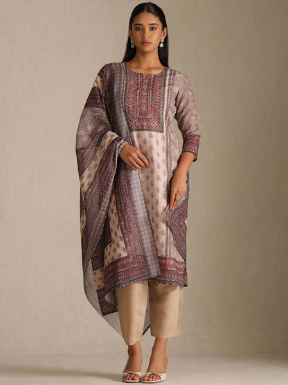 Dhiyona SO Women's Floral Printed Notch Neck Beads and Stones Linen Kurta With Trousers & Dupatta