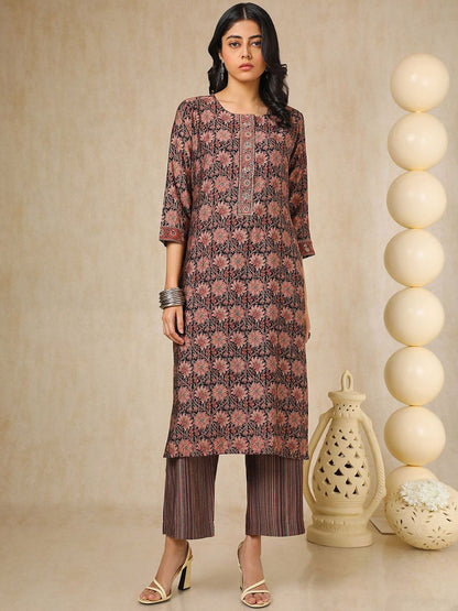 Dhiyona SO Women's Floral Printed Round Neck Sequinned Straight Kurta With Palazzo