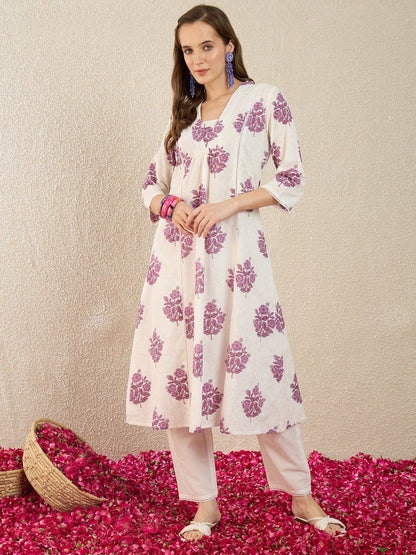 Dhiyona IE Printed V-Neck Three-Quarter Sleeves Pure Cotton Tunic And Trousers