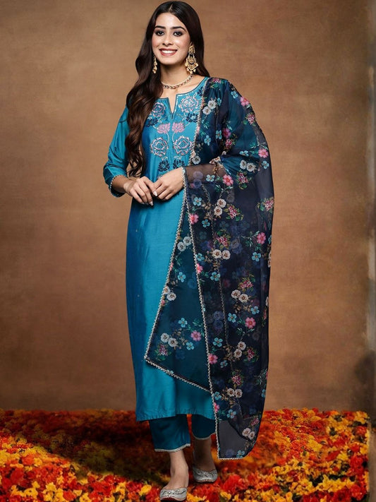 Women Floral Embroidered Regular Thread Work Kurta with Trousers & With Dupatta