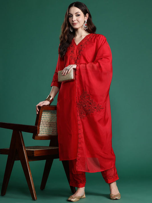 Dhiyona IE Ethnic Motifs Embroidered Sequinned Kurta with Trousers & With Dupatta