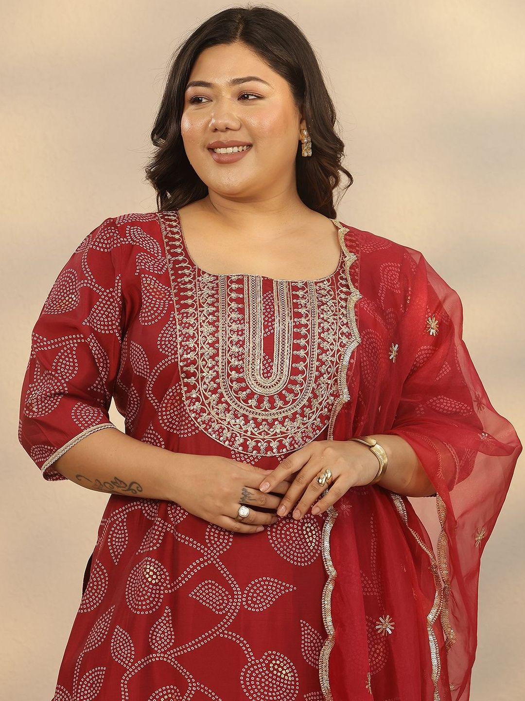 Dhiyona Women's Plus Size Ethnic Motifs Printed Straight Kurta With Palazzos & Dupatta