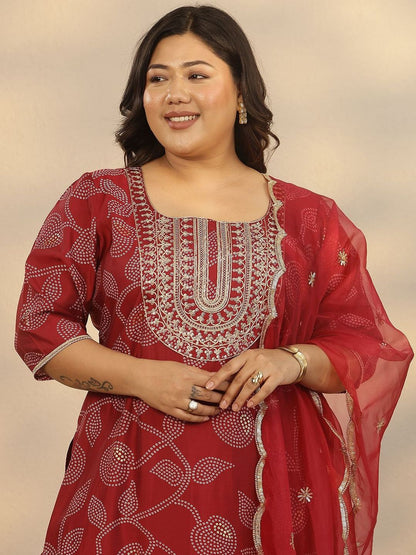 Dhiyona Women's Plus Size Ethnic Motifs Printed Straight Kurta With Palazzos & Dupatta
