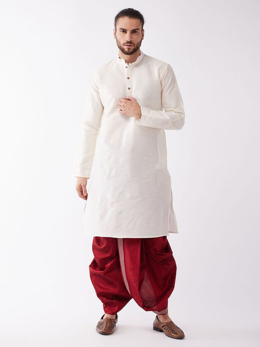 Men's Cream Silk Blend Straight Kurta and Dhoti Set