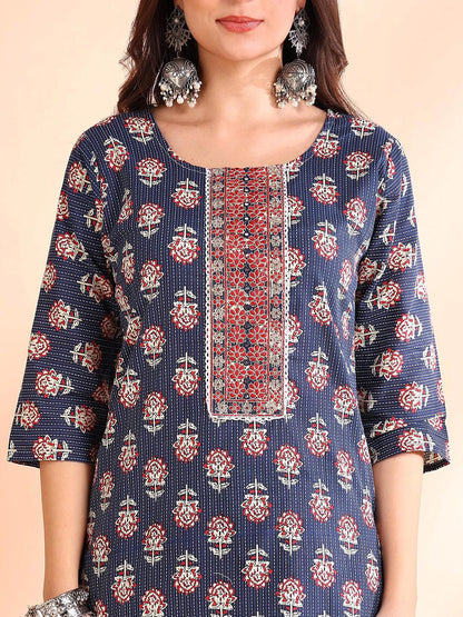 Dhiyona OD  Printed Thread Work Pure Cotton Kurta With Trousers & Dupatta