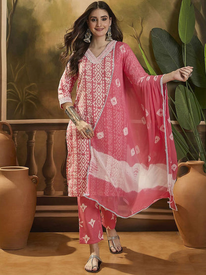 Dhiyona SN Women's Floral Printed V Neck Straight Kurta Trouser With Dupatta