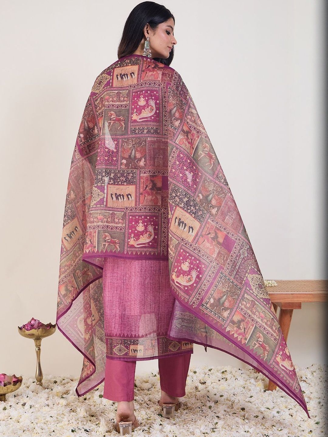 Embroidered Round Neck Thread Work Chanderi Cotton Kurta With Trousers & Dupatta