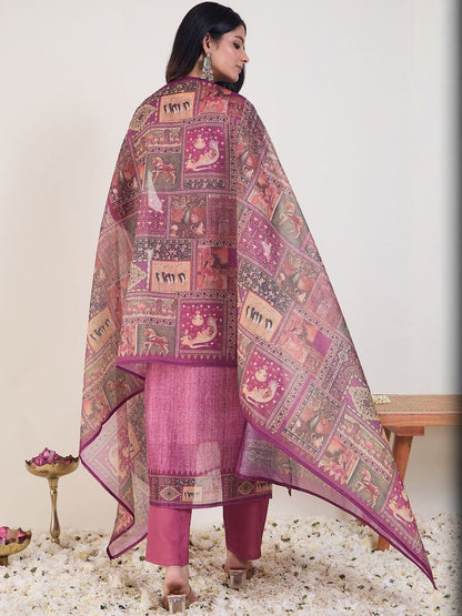 Embroidered Round Neck Thread Work Chanderi Cotton Kurta With Trousers & Dupatta