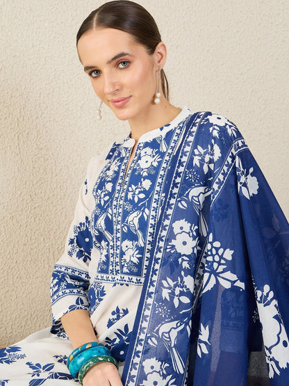 Women Floral Printed Cotton Kurta with Trousers & Dupatta