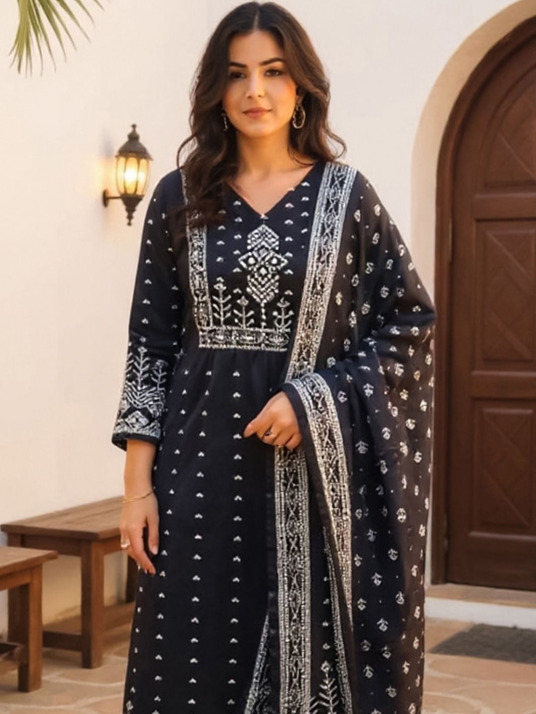 Floral Printed V-Neck Pure Cotton Straight Kurta With Trousers & Dupatta