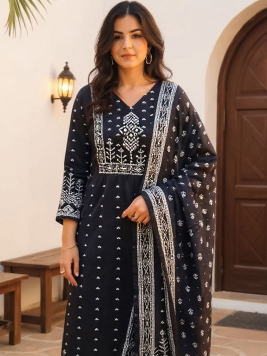 Floral Printed V-Neck Pure Cotton Straight Kurta With Trousers & Dupatta