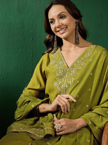 Dhiyona SN Women's Floral Embroidered Straight Kurta with Trousers & Dupatta