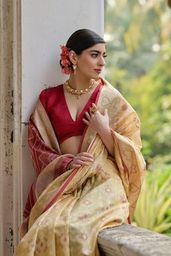 Cream Red Raw Silk Saree