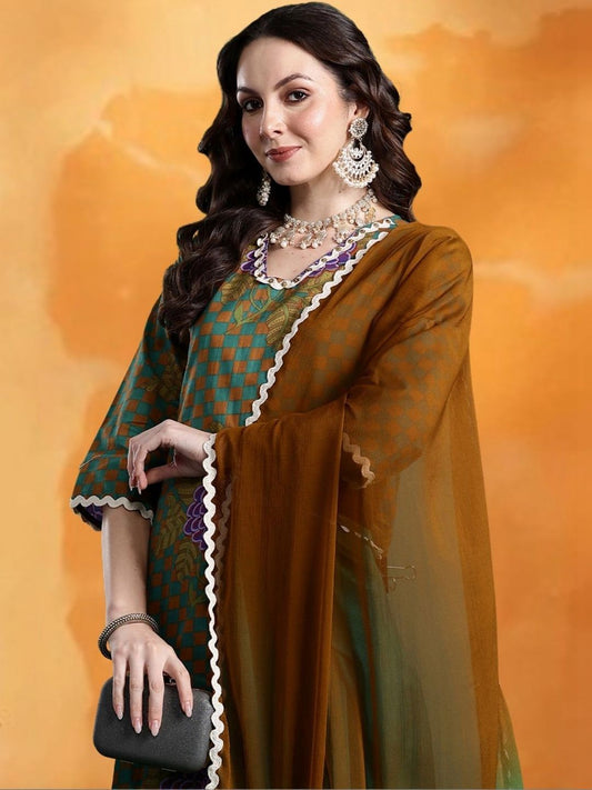 Women Ethnic Motifs Printed Regular Pure Cotton Kurta with Trousers & With Dupatta