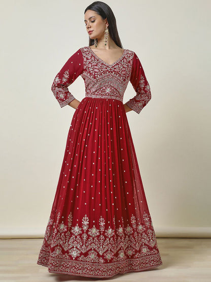 Dhiyona SO Women's Floral Embroidered Pleated Sequinned Anarkali Kurta with Churidar & Dupatta