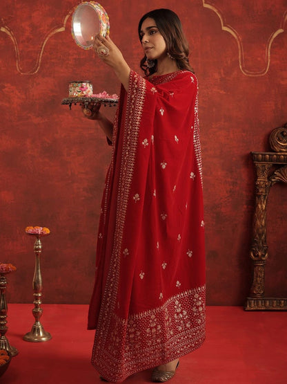 Motifs Embroidered Velvet Notch Neck Straight Kurta With Trousers & Dupatta
