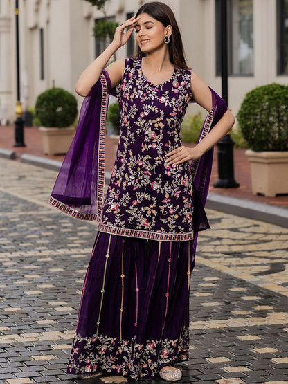 Dhiyona CH Women Floral Embroidered Kurta with Sharara & Dupatta