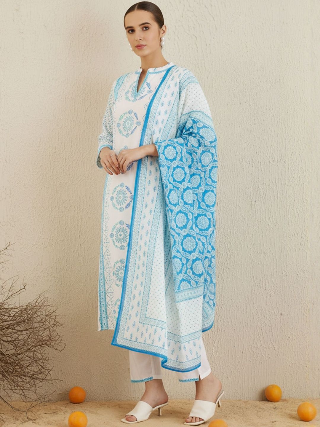 Ethnic Motifs Printed Notch Neck Pure Cotton Kurta With Trouser & Dupatta