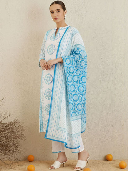 Ethnic Motifs Printed Notch Neck Pure Cotton Kurta With Trouser & Dupatta