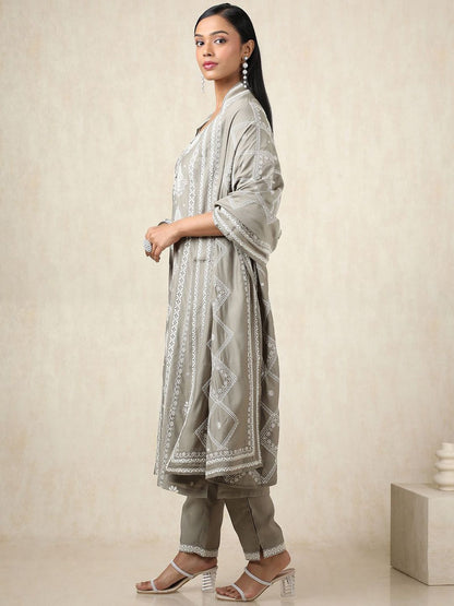 Dhiyona SO Women's Women Ethnic Motifs Printed Regular Chanderi Cotton Kurta with Trousers & With Dupatta