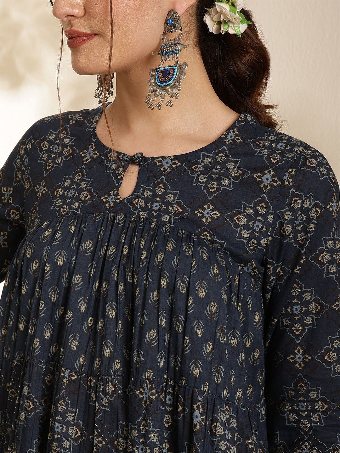 Dhiyona SN Women's Floral Printed Pure Cotton Key Hole-Neck Anarkali Kurta With Trouser & Dupatta