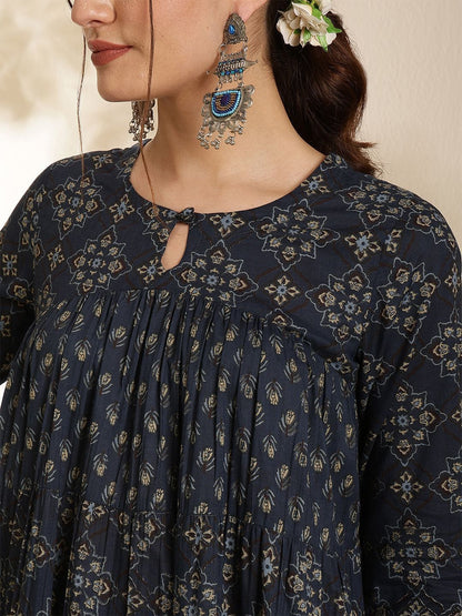 Dhiyona SN Women's Floral Printed Pure Cotton Key Hole-Neck Anarkali Kurta With Trouser & Dupatta