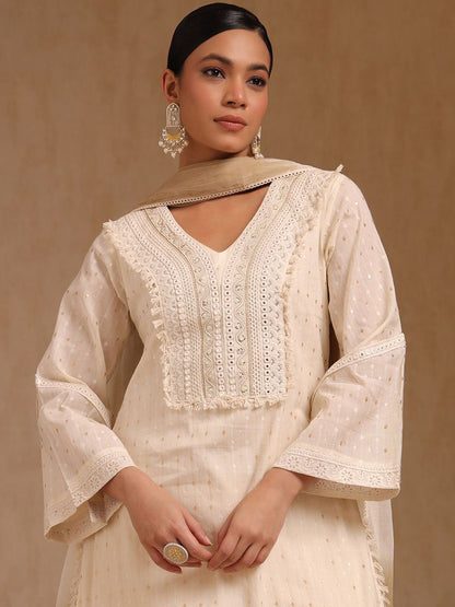 Dhiyona SO Women's Geometric Woven Design Mirror Work Cotton Straight Kurta With Sharara & Dupatta