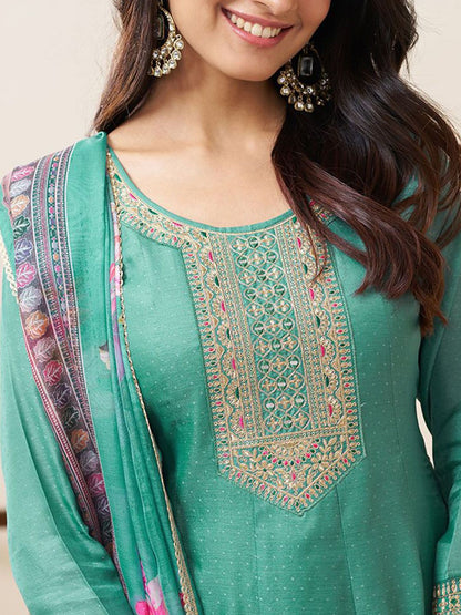 Dhiyona CH Women Floral Embroidered Pleated Zari Work Kurta with Trousers