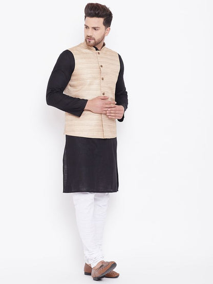 Men's Black Cotton Blend Straight Jacket  Kurta and Pyjama Set