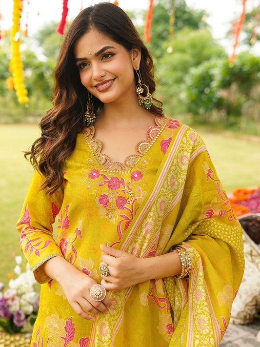 Dhiyona KL Floral Printed V-Neck Straight Kurta With Trousers & Dupatta