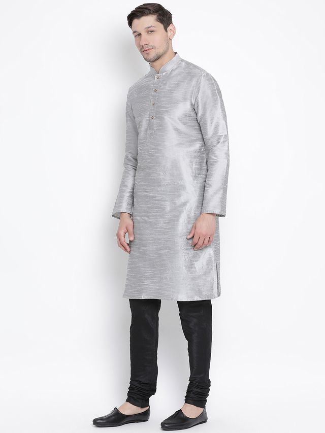 Men's Grey Silk Blend Straight Kurta Pyjama Set