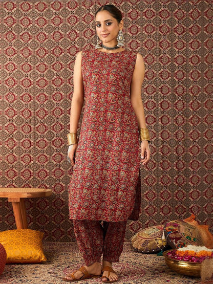 Dhiyona IE Floral Printed Round Neck Pure Cotton Tunic With Trousers