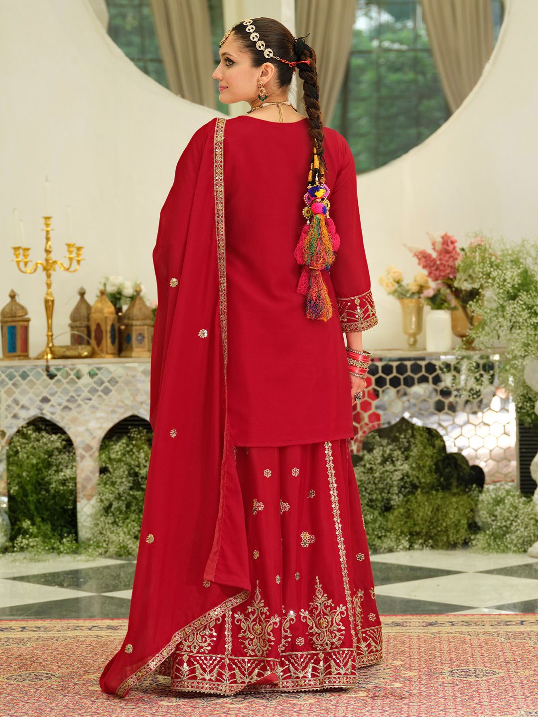 Ethnic Motifs Embroidered Sequinned Chinon Straight Kurta With Skirt & Dupatta