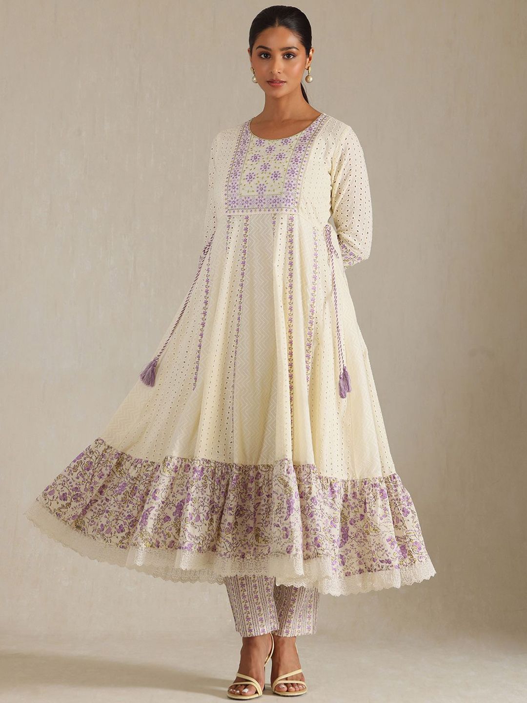 Dhiyona SO Women's Floral Yoke Design Panelled Thread Work A-Line Kurta With Trousers & Dupatta