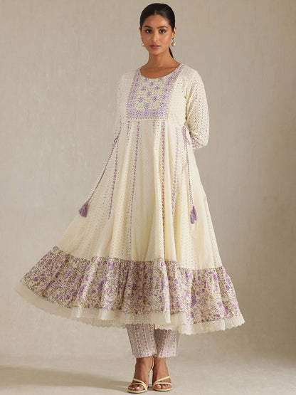 Dhiyona SO Women's Floral Yoke Design Panelled Thread Work A-Line Kurta With Trousers & Dupatta