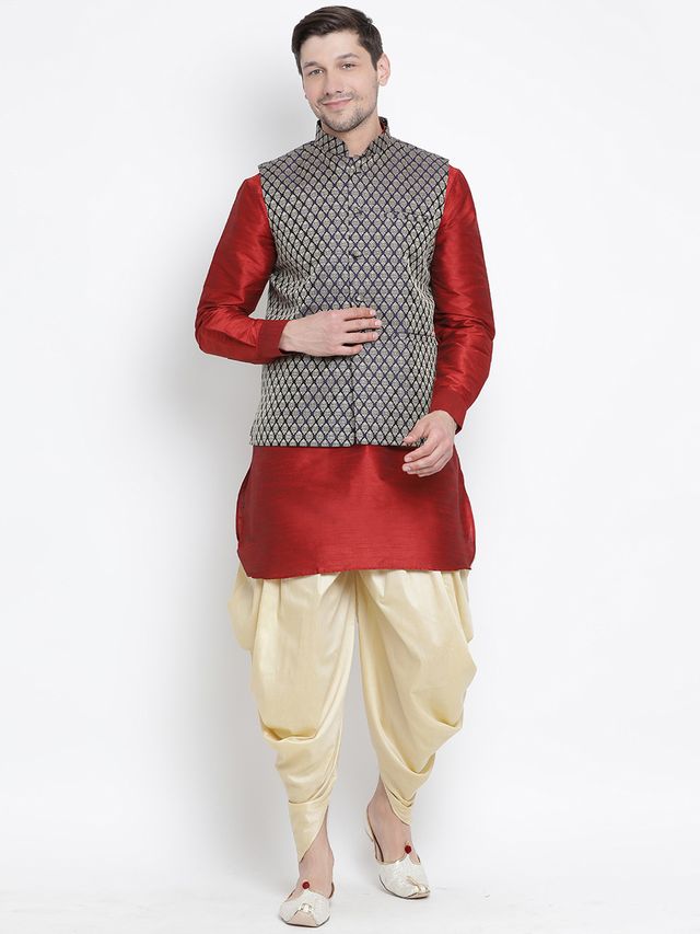 Men's Maroon Silk Blend Straight Jacket  Kurta and Dhoti Set