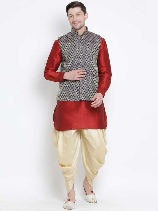 Men's Maroon Silk Blend Straight Jacket  Kurta and Dhoti Set
