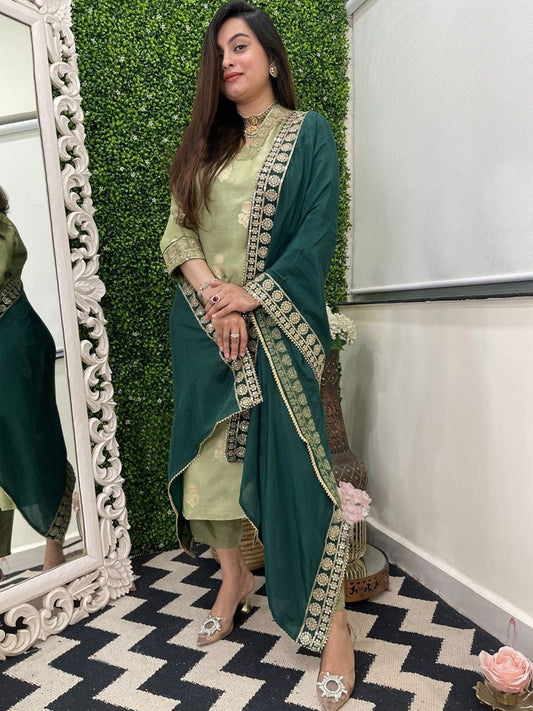 Dhiyona KL Floral Woven Design V Neck Kurta With Trousers & Dupatta