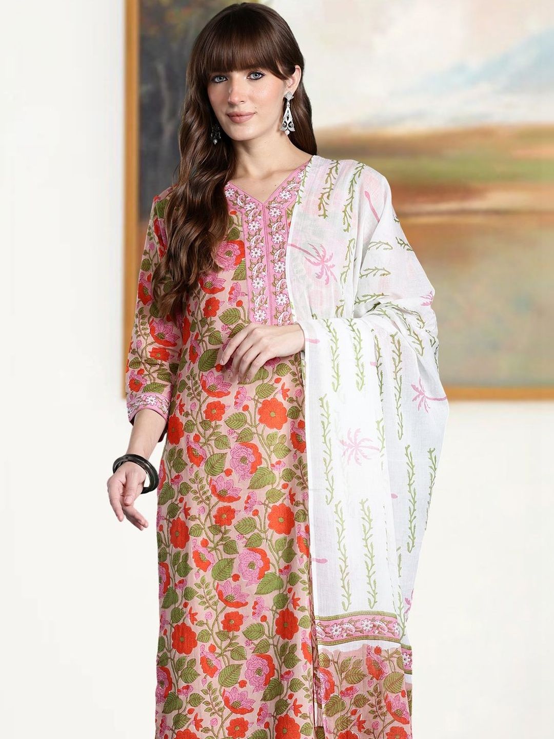 Dhiyona IE Women Floral Printed Regular Thread Work Pure Cotton Kurta with Salwar & With Dupatta